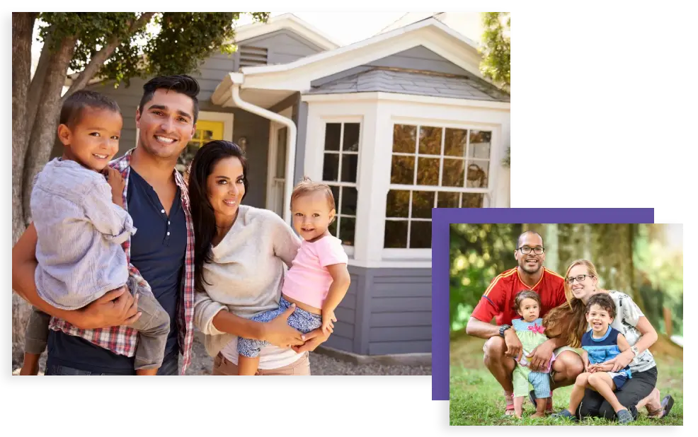 A family is standing outside of their home.