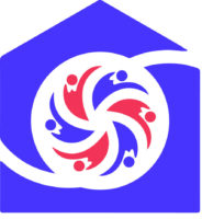 A logo of a house in blue and red